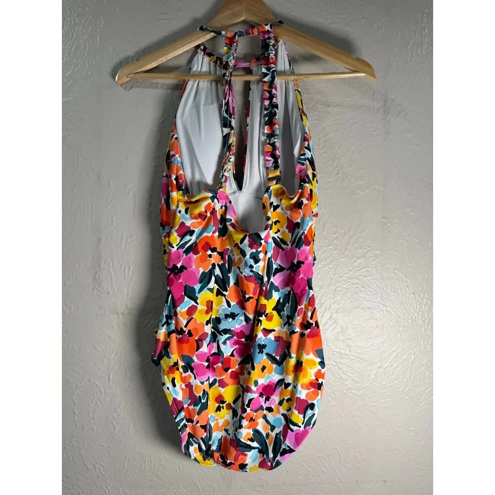 Ann Cole Deep V Floral One Piece Swimsuit Size 14